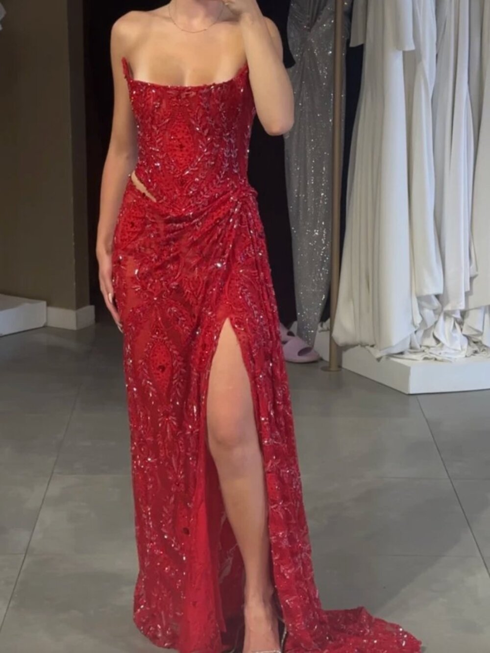 H A N A Custom Made High End Red Sequin Strapless Corset Gown Front Side Slit